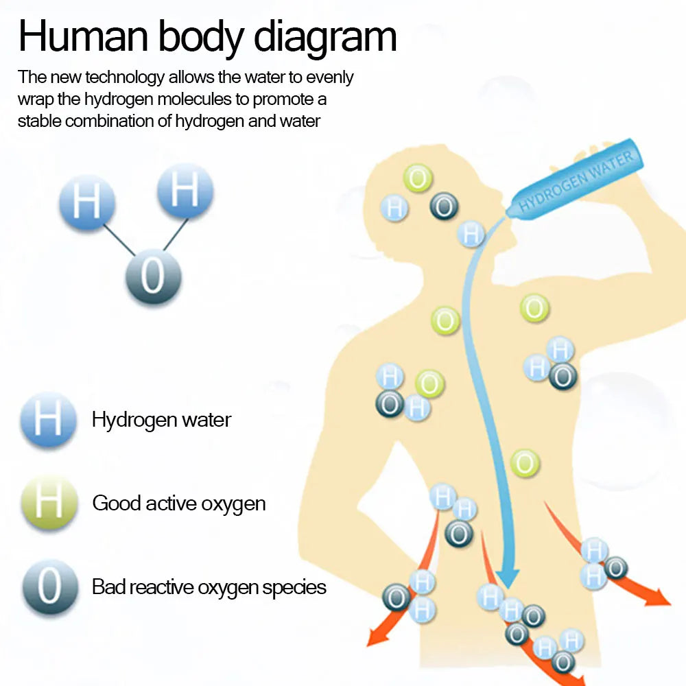 Diagram of a human body with hydrogen water, good active oxygen, and bad reactive oxygen species.
